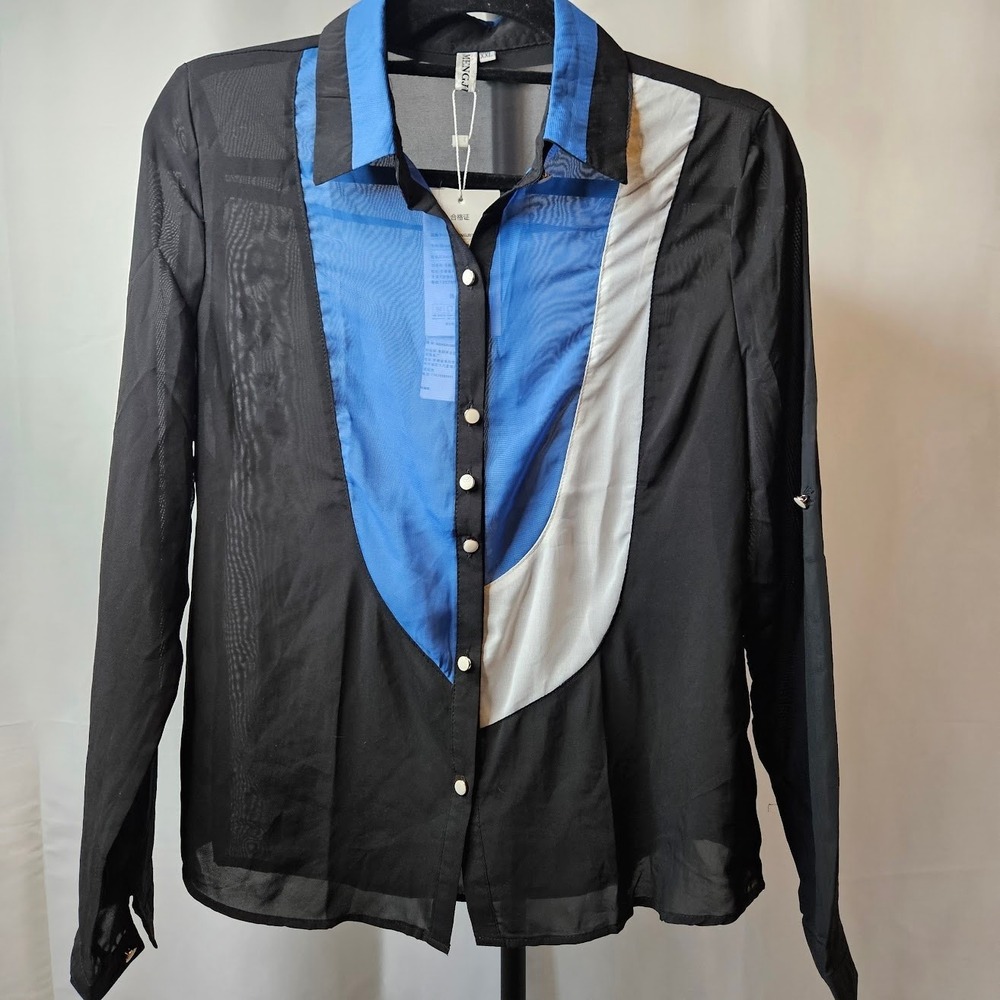NWT'S Women's‎ Sheer Mesh Fitted Black Y2K Pearl Button Top